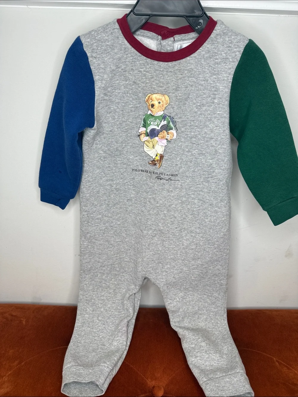 Ralph Lauren Gray Footie with Blue & Green Sleeves and Burgundy Neck